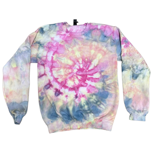 Adult Small Peach Yellow Forest Green Fuschia Spiral Ice Tie Dye Crewneck Sweater