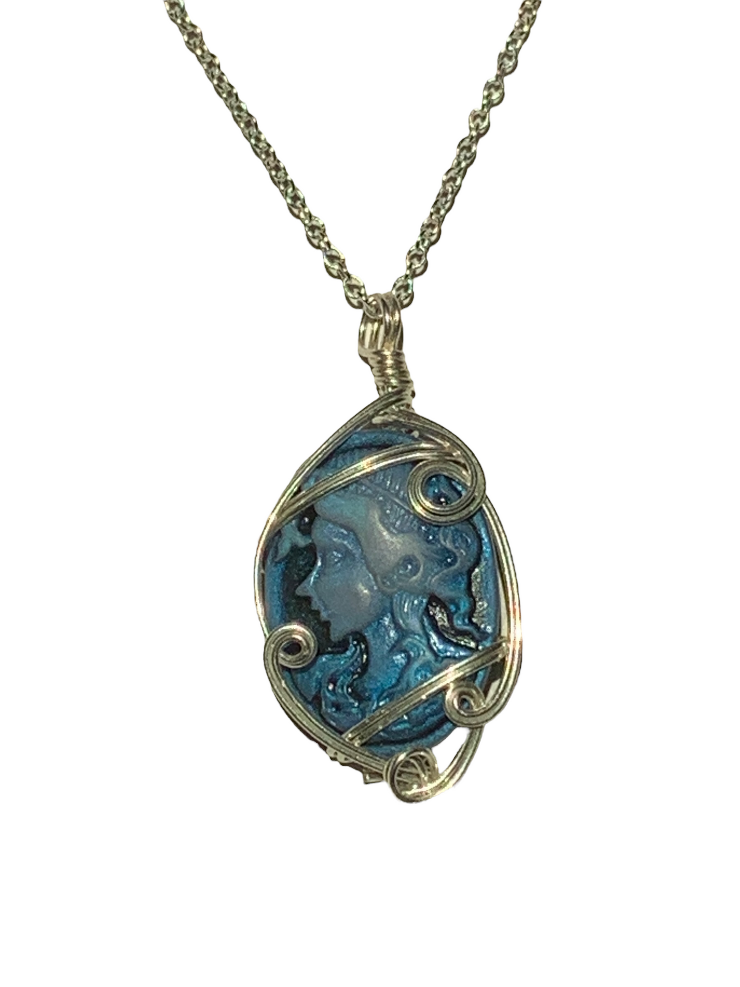 Sterling Silver Blue Vintage Antique Cameo Pendant