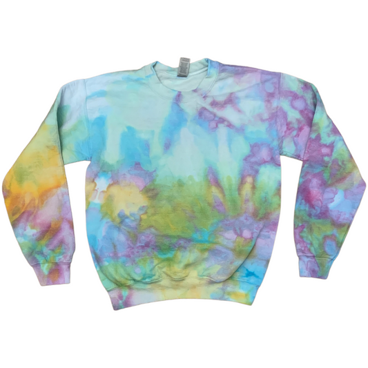 Adult Small Pastel Light Blue Mint Yellow Green Purple Scrunch Ice Tie Dye Crewneck Sweater