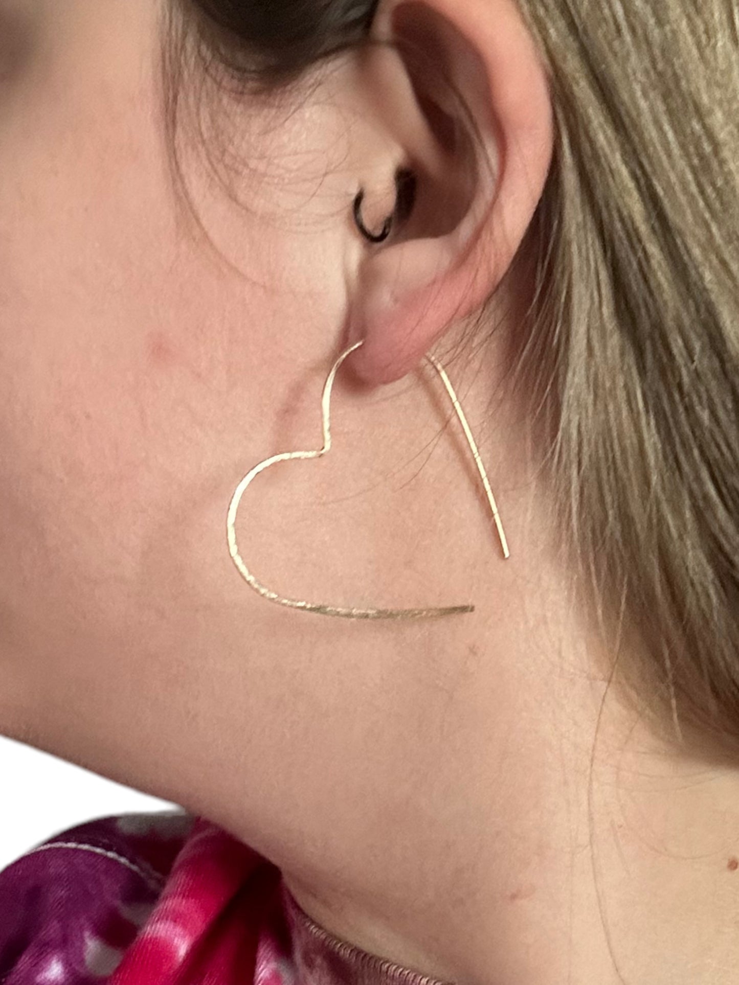 Sterling Silver | 14KT Gold Filled Hammered Wire Heart Hoop Earring Threader