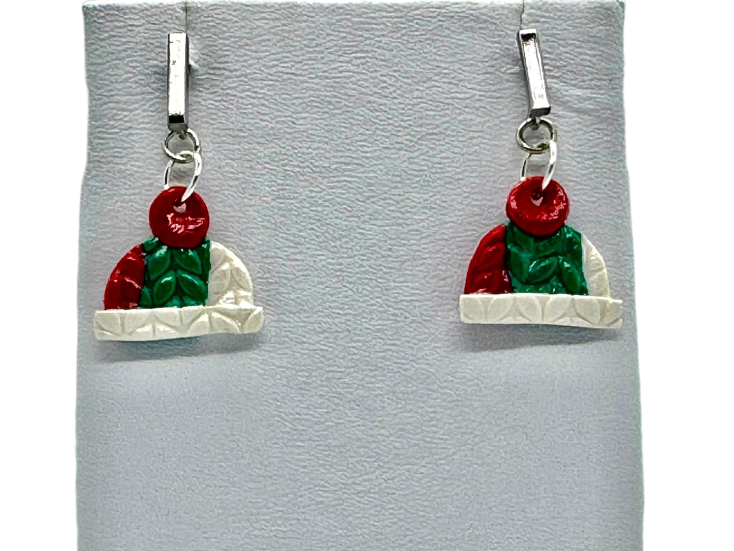 Hypoallergenic Red/Green/White Christmas Beanie Dangle Clay Earrings