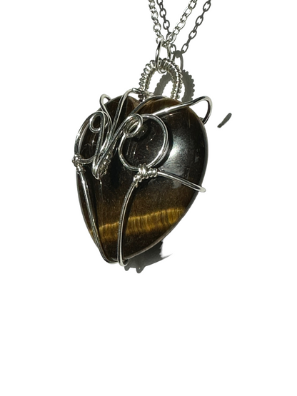 Sterling | 14KT Gold Filled Tiger's Eye Heart Wire Wrapped Owl Pendant