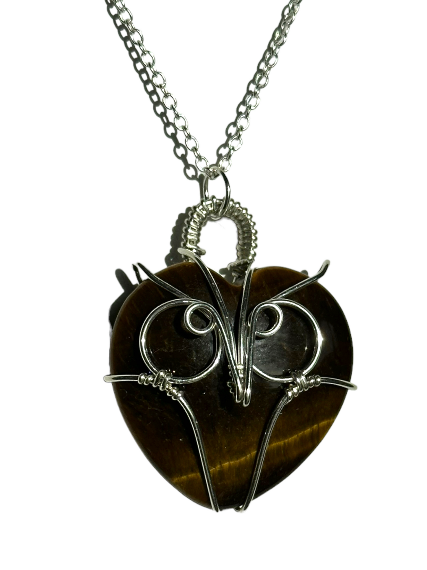 Sterling | 14KT Gold Filled Tiger's Eye Heart Wire Wrapped Owl Pendant