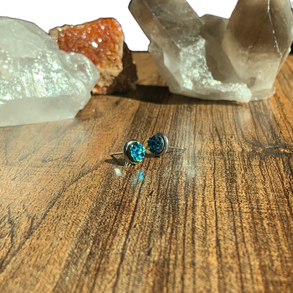 6MM Hypoallergenic Black and Green/Blue Sparkle Druzy Earring Studs