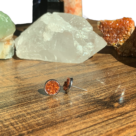 8MM Hypoallergenic Burnt Orange Sparkle Druzy Earring Studs