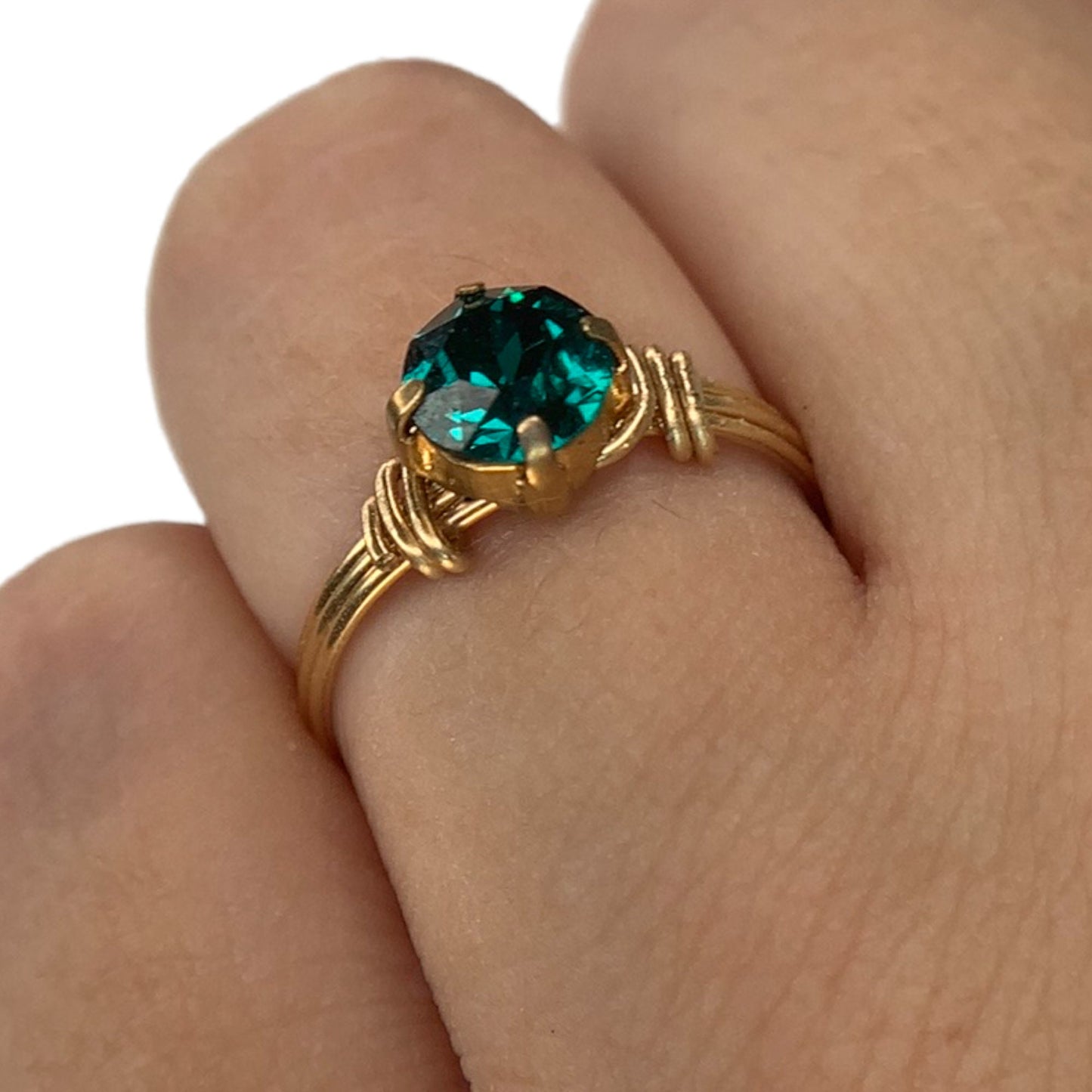 Sterling Silver | 14KT Rolled Gold 6MM Emerald Green Crystal Wire Ring